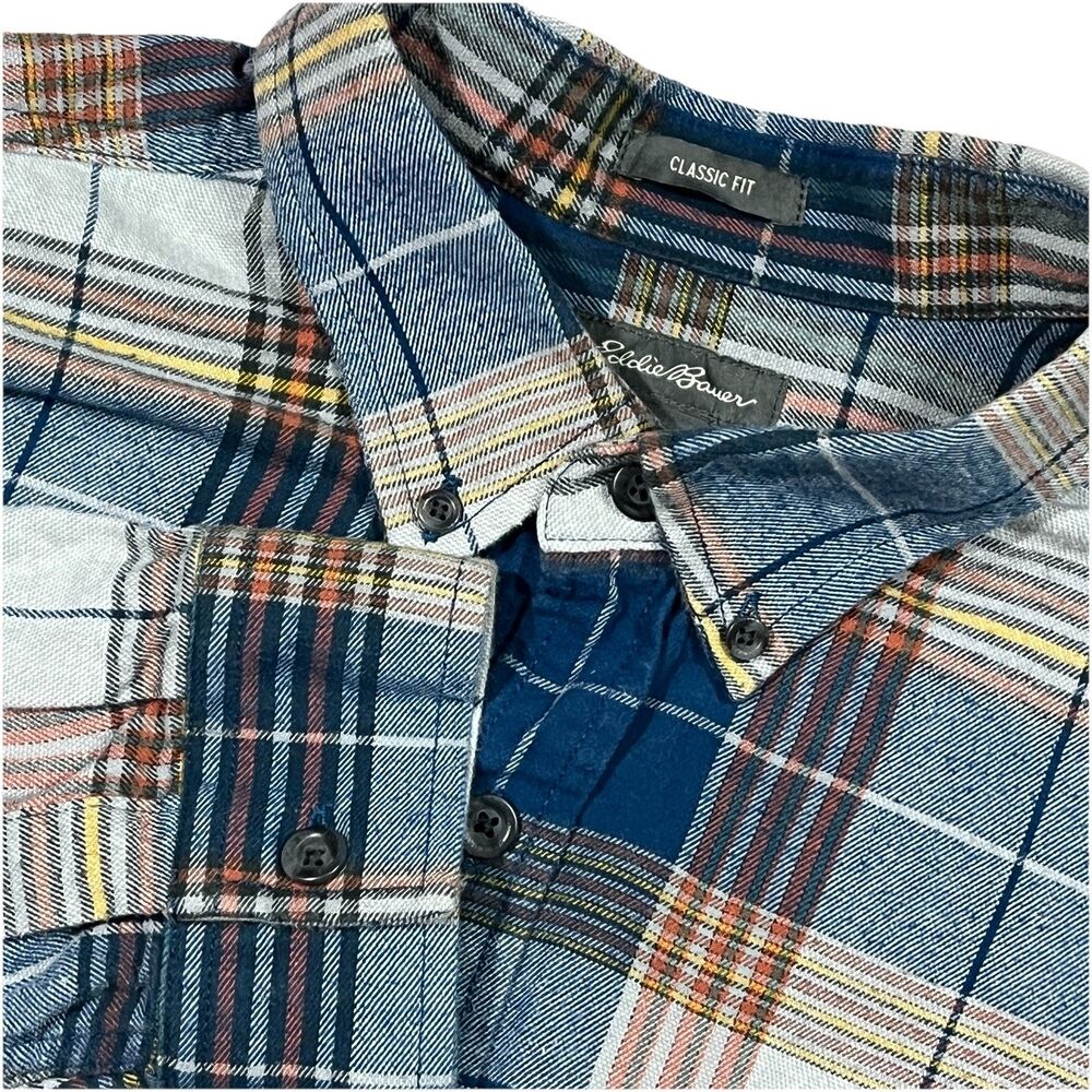 Eddie Bauer Men’s Favorite Flannel Classic Fit Blue Orange Yellow Plaid Sz Large